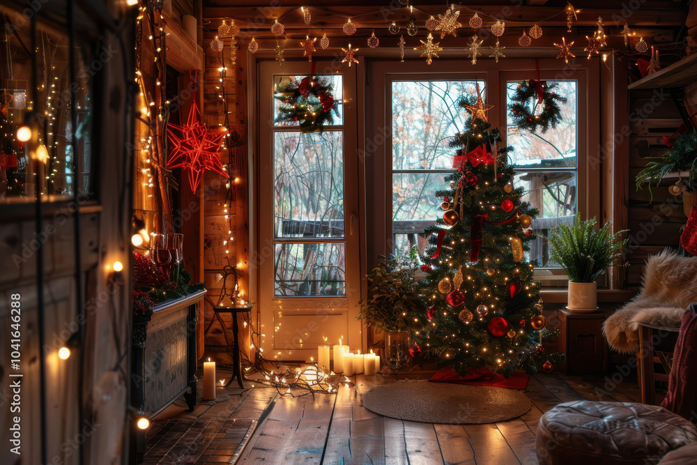 A cozy Christmas scene featuring a decorated tree, presents, and a warm fireplace, creating a festive and inviting atmosphere. A cozy Christmas scene featuring a decorated tree, presents, and a warm fireplace, creating a festive and inviting atmosphere.