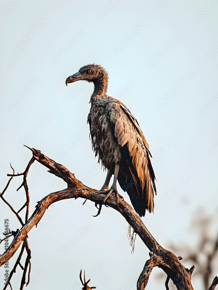 Gaunt Bird of Prey Perched on Barren Tree Branch Symbolizing Environmental Degradation Gaunt Bird of Prey Perched on Barren Tree Branch Symbolizing Environmental Degradation