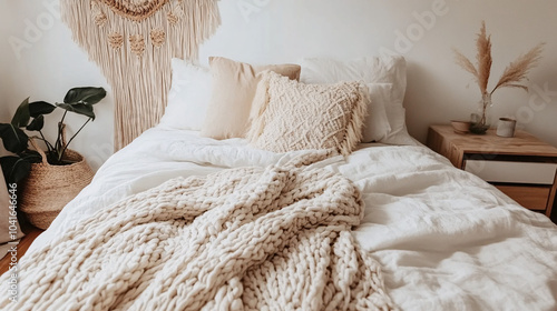 Minimalist Scandinavian bedroom featuring light wood accents, a textured throw, and a woven wall hanging