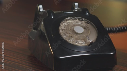 Vintage black rotary telephone resting on a polished wooden desk. The nostalgic design evokes a sense of retro communication and timeless aesthetics in a classic setup.