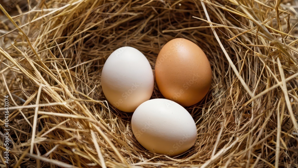 Сhicken eggs arranged in a nest of straw grass Сhicken eggs arranged in a nest of straw grass