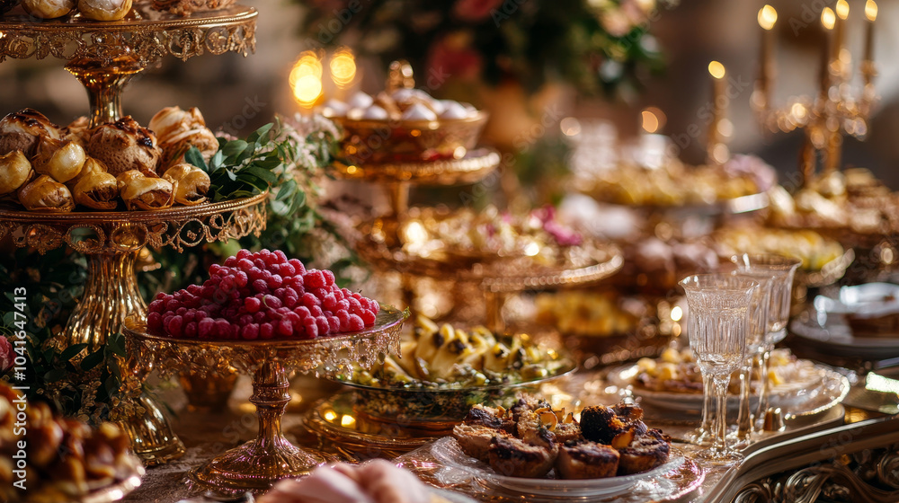 Obraz premium Elegant wedding presidium decor for the banquet, featuring the bride and groom's table adorned with a variety of delicious dishes, captured in a close-up.