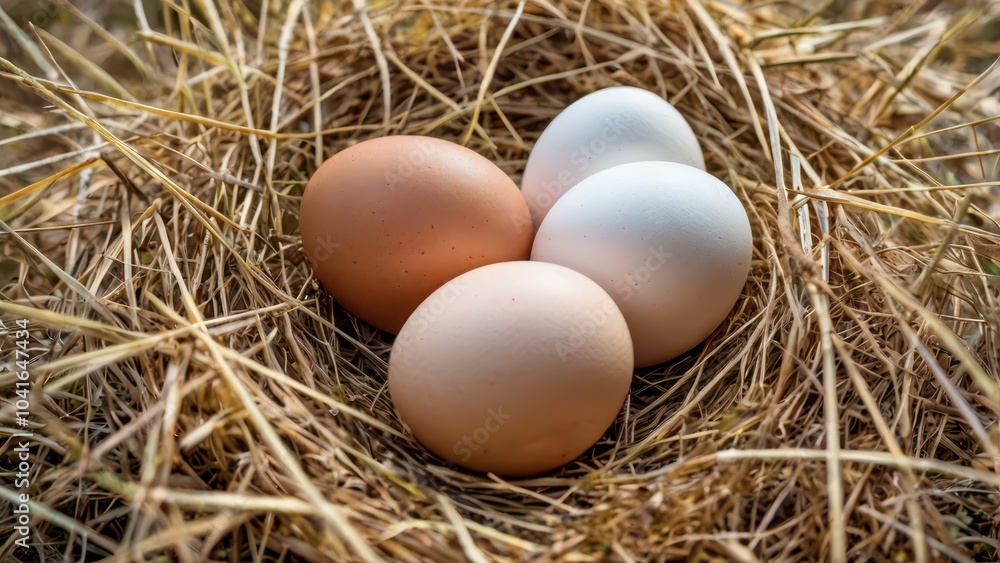 Сhicken eggs arranged in a nest of straw grass Сhicken eggs arranged in a nest of straw grass