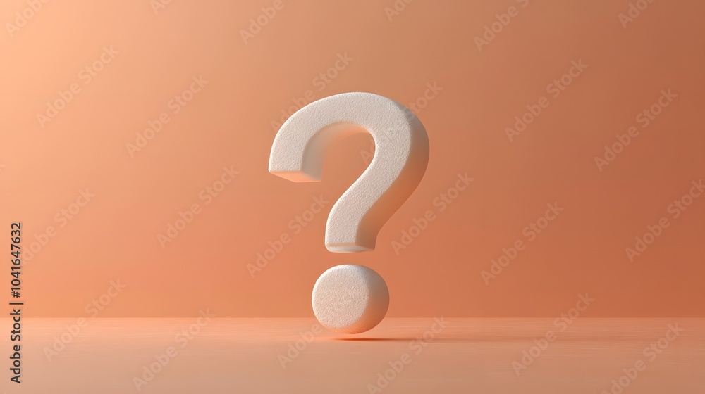 White question mark in 3D typography on a pale orange background, featuring a minimalist and clean composition symbolizing curiosity and inquiry with high contrast and smooth texture. White question mark in 3D typography on a pale orange background, featuring a minimalist and clean composition symbolizing curiosity and inquiry with high contrast and smooth texture.
