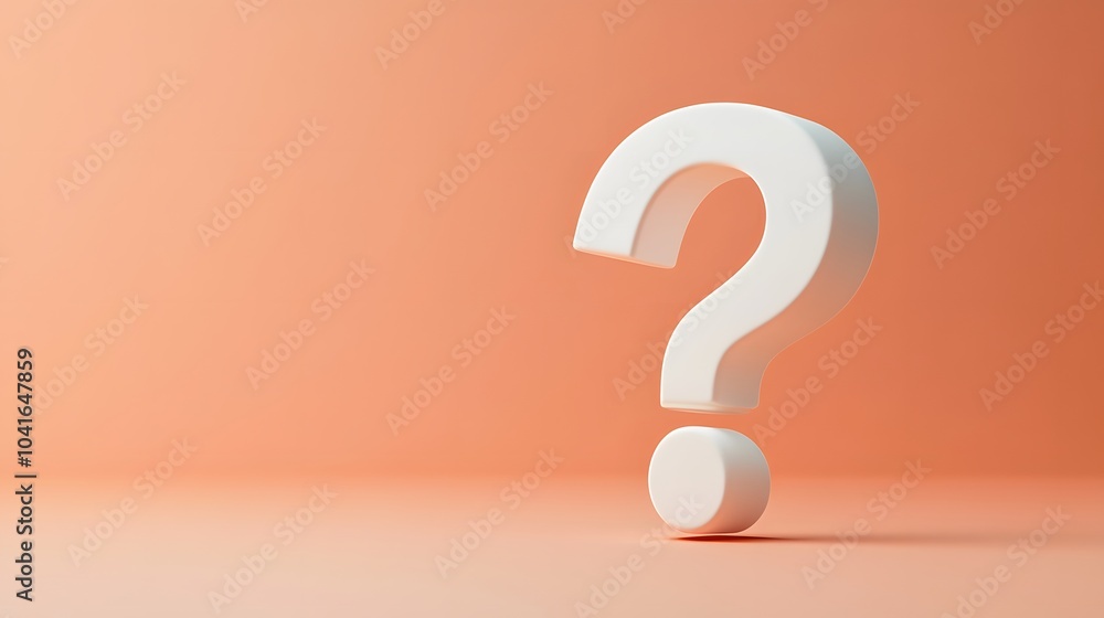 White question mark in 3D typography on a pale orange background, featuring a minimalist and clean composition symbolizing curiosity and inquiry with high contrast and smooth texture. White question mark in 3D typography on a pale orange background, featuring a minimalist and clean composition symbolizing curiosity and inquiry with high contrast and smooth texture.