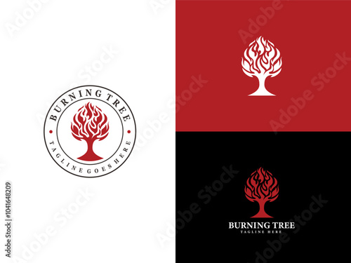 Tree with fire flame and budge emblem for classic vintage burning bush plant logo design