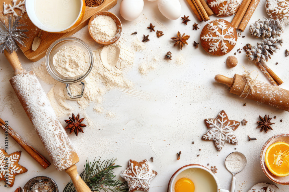 Festive holiday baking scene with gingerbread cookies, flour, eggs, spices, and baking tools on a rustic wooden table. Festive holiday baking scene with gingerbread cookies, flour, eggs, spices, and baking tools on a rustic wooden table.