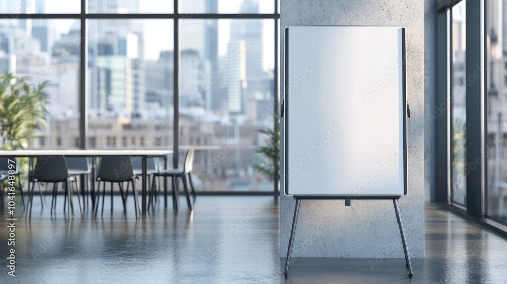 A white board is on a stand in a room with a large window. The room has a table with chairs around it A white board is on a stand in a room with a large window. The room has a table with chairs around it