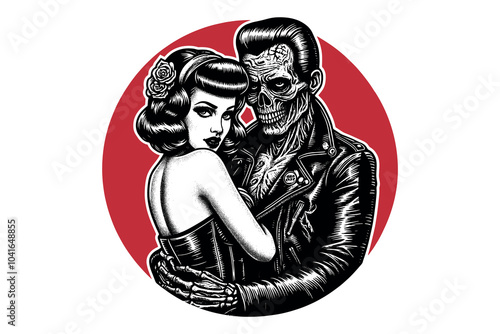 Rockabilly psychobilly love couple. Beautiful woman and zombie man. Vintage vector retro black and white illustration, print, tattoo. Round emblem, sketch.