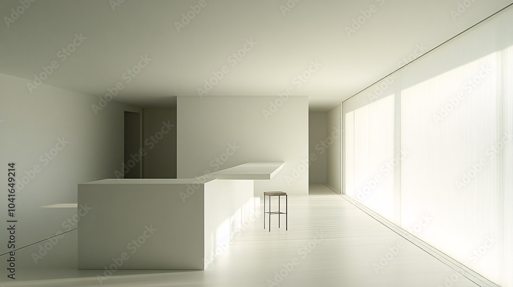 White kitchen island with clean lines and two minimalist bar stools White kitchen island with clean lines and two minimalist bar stools