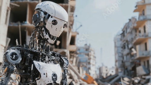 A robotic journalist reporting live from the frontline of a humanitarian crisis, urgent and journalistic setting with crisis zones and emergency relief efforts