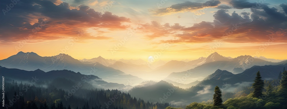 Obraz premium Sunrise over misty mountains with forest in the foreground.