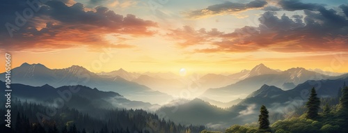 Sunrise over misty mountains with forest in the foreground.