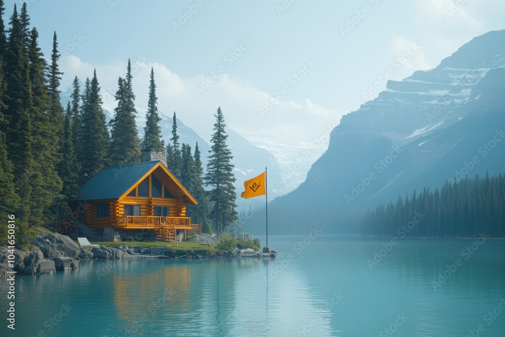 Fototapeta premium Beautiful log cabin on the edge of a calm lake, surrounded by pine trees and mountains. A peaceful escape in nature with stunning views of the wilderness.