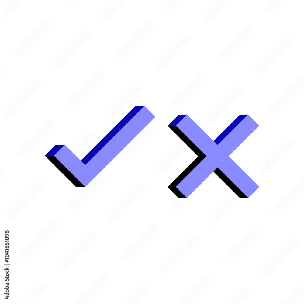 Blue approval 3d check icon and cross mark isolated on white background vector design, approve or deny icon set Blue approval 3d check icon and cross mark isolated on white background vector design, approve or deny icon set