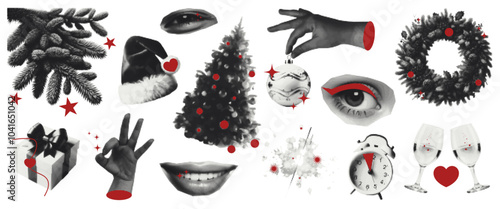Trendy set of Christmas halftone collage. Magazine clippings mouth, Christmas tree, decoration, wine glasses, balloon, red hat. Vector retro grunge.