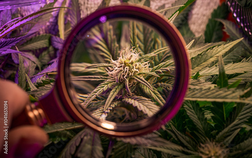 Close up of cannabis plant, leaves, buds, trichomes