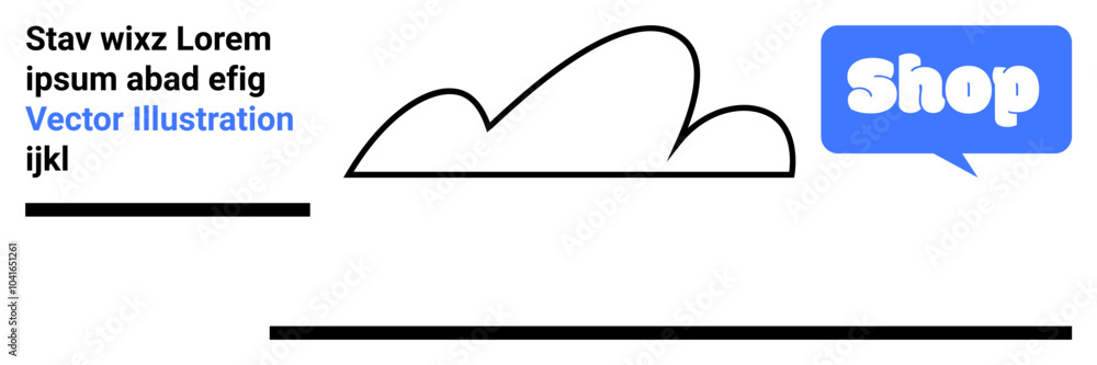 Minimalist design with a simple cloud outline, blue speech bubble with word Shop, and placeholder text. Ideal for online stores, e-commerce platforms, marketing websites, web development, or Minimalist design with a simple cloud outline, blue speech bubble with word Shop, and placeholder text. Ideal for online stores, e-commerce platforms, marketing websites, web development, or