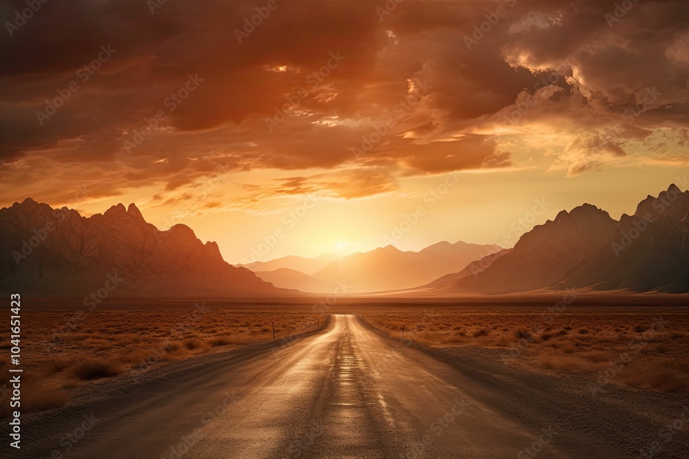 A long, empty road leads toward mountains at sunset. A long, empty road leads toward mountains at sunset.