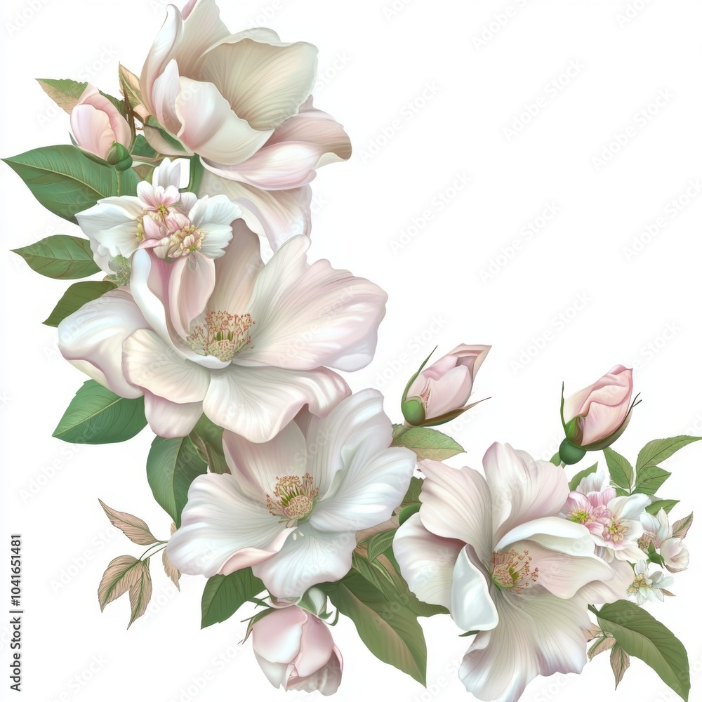 Fototapeta premium clipart cluster of pale pink and white flowers with some different shades of green leaves