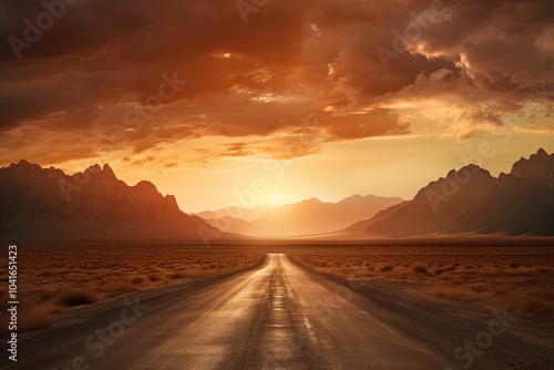 A long, empty road leads toward mountains at sunset.