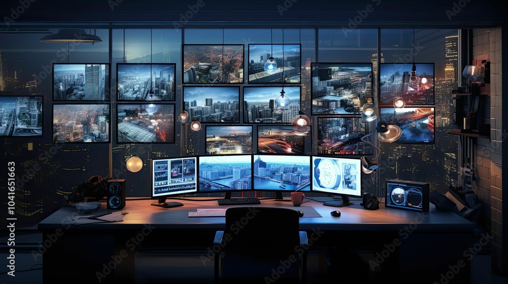 Dark office with city views and multiple monitors. Dark office with city views and multiple monitors.