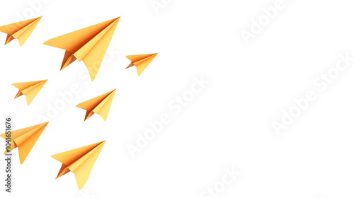 Yellow paper airplanes flying isolated on transparent background with copy space for text