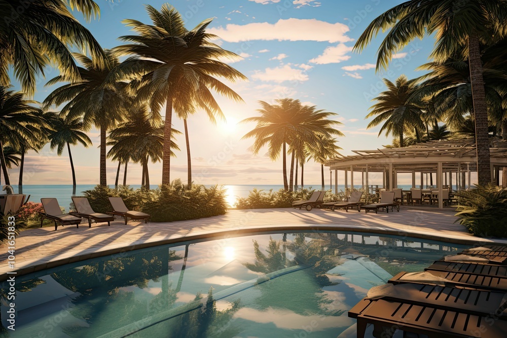 Fototapeta premium Palm trees, pool, beach, and sunset.