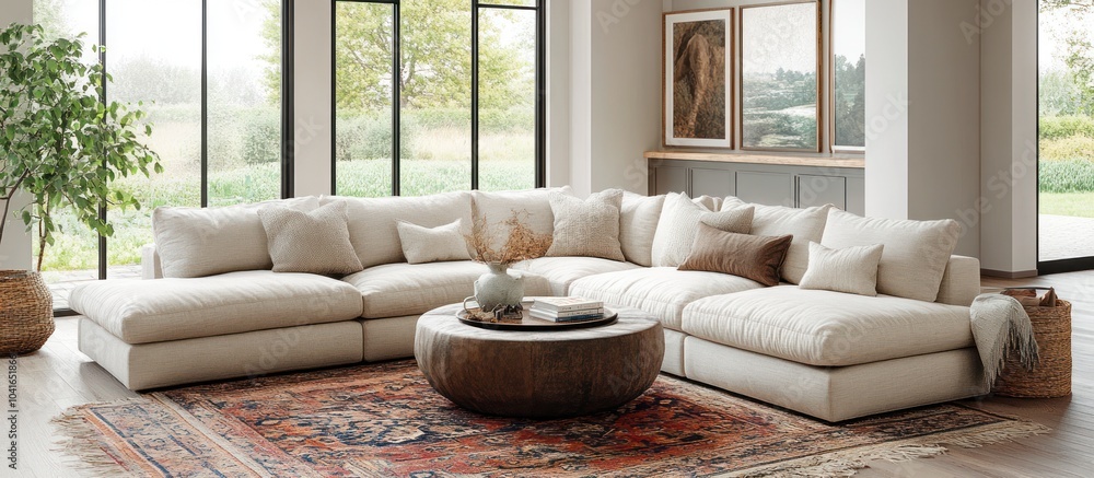 Modern living room with large sectional sofa and rustic wooden coffee table. Modern living room with large sectional sofa and rustic wooden coffee table.