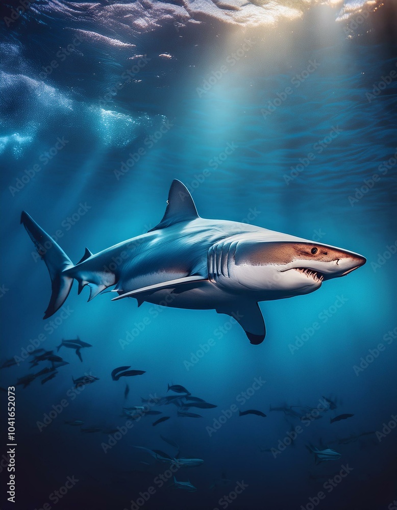 Fototapeta premium Tiburón blanco azul el mar, Realista