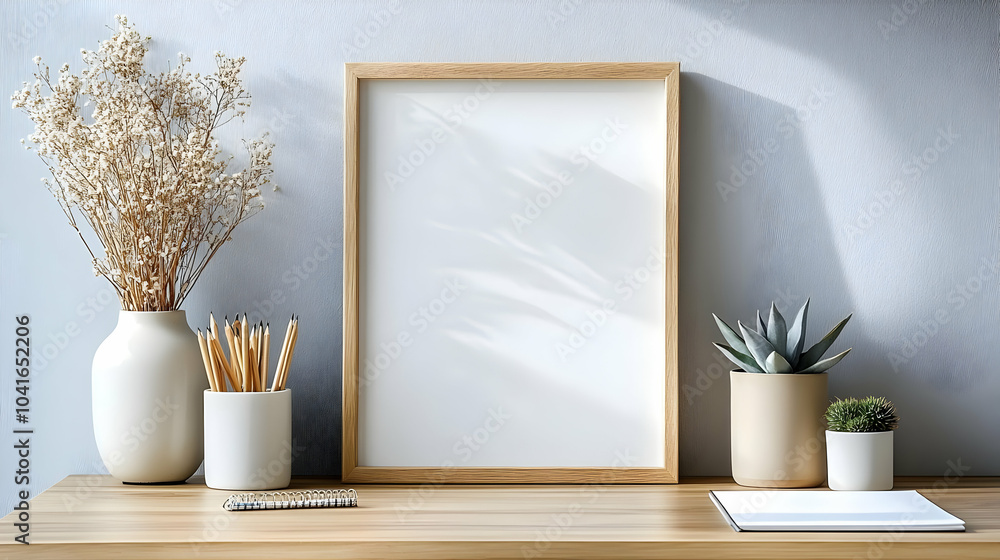 Blank Picture Frame Mockup on a Wooden Desk with Plants and Pencils Blank Picture Frame Mockup on a Wooden Desk with Plants and Pencils