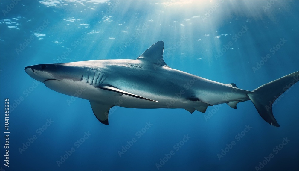 Fototapeta premium Tiburón azul bajo el mar, Realista