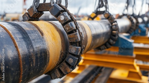  large pipe being lifted into place by heavy machinery, focusing on the metal clamps 