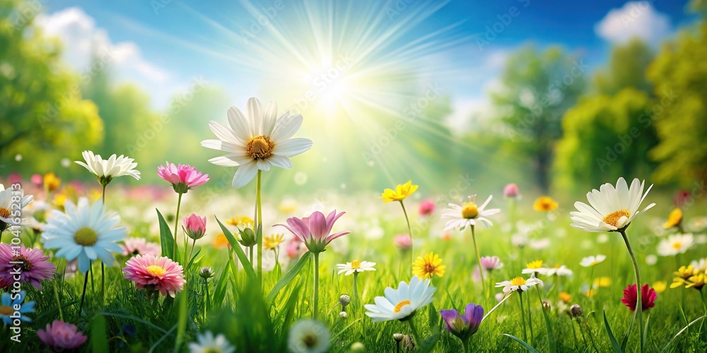 Fototapeta premium background with blossoming flowers and lush green meadow Low Angle