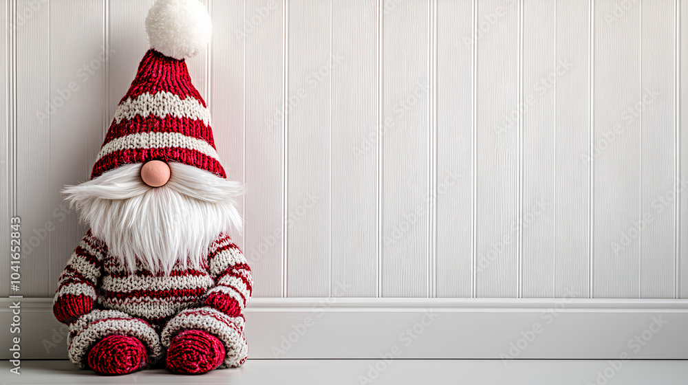 Fototapeta premium Cute Scandinavian Christmas gnome with red and white striped knit outfit, festive decoration against white background