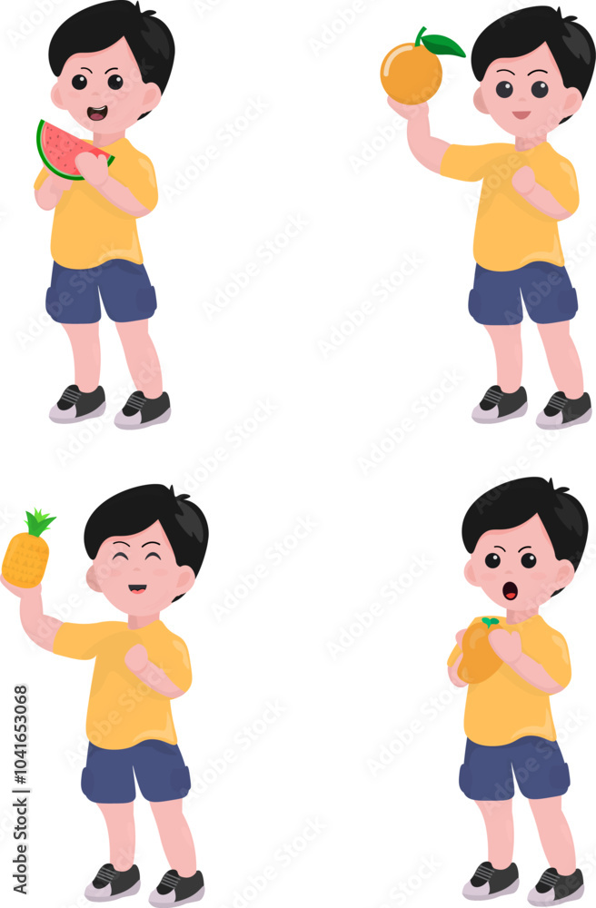 cute boys Playful Kid with Various Fruits cute boys Playful Kid with Various Fruits