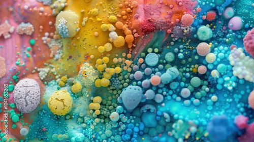A vibrant display of various microbes is examined under a microscope, revealing diverse colors and intricate structures