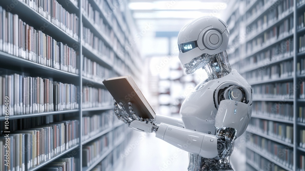A robotic librarian organizing a vast archive of digitized books in a futuristic library, scholarly and technological setting with virtual bookshelves and digital archives A robotic librarian organizing a vast archive of digitized books in a futuristic library, scholarly and technological setting with virtual bookshelves and digital archives