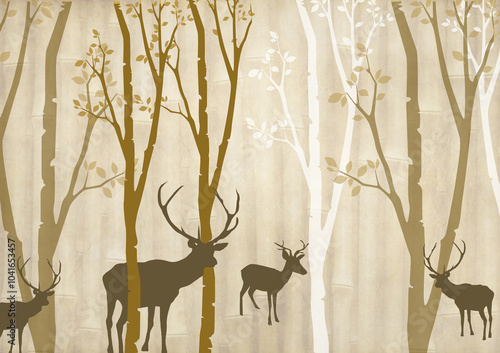 Canvas Print 3d illustration of deer silhouette on forest background , forest and animals wallpaper design illustration