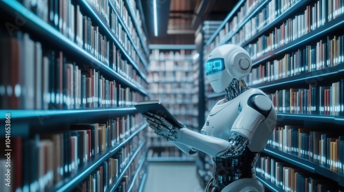 A robotic librarian organizing a vast archive of digitized books in a futuristic library, scholarly and technological setting with virtual bookshelves and digital archives