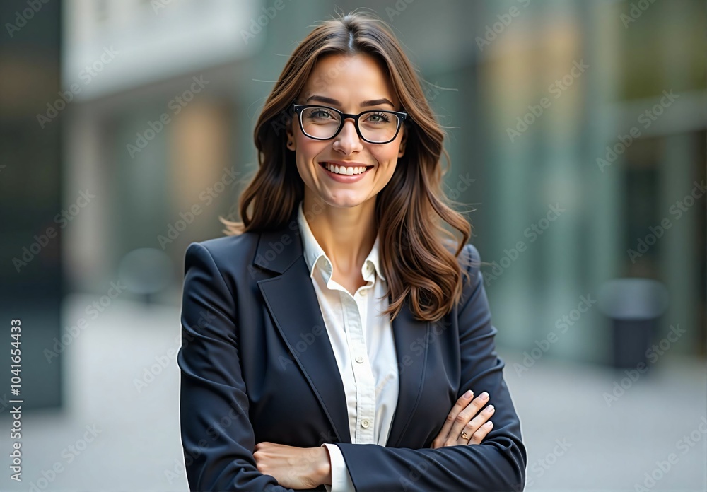 Smiling Brown-Haired Businesswoman in the City, Representing Confidence, Leadership, and Empowerment in the Corporate World Smiling Brown-Haired Businesswoman in the City, Representing Confidence, Leadership, and Empowerment in the Corporate World
