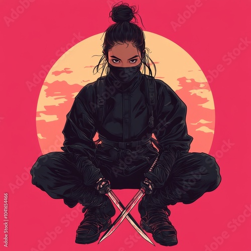 A female ninja in black, holding two swords. photo