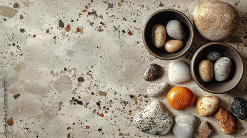 Rustic terrazzo flooring pattern with natural earth tones of beige taupe and dark brown harmonizing with a textured claycolored concrete wall for a cozy and inviting feel photo