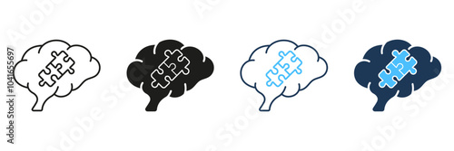 Puzzle and Human Brain Line and Silhouette Icon Set. Jigsaw Creative Mind Concept. Problem Solving and Find Solution Linear Pictogram Collection. Editable Stroke. Isolated Vector Illustration