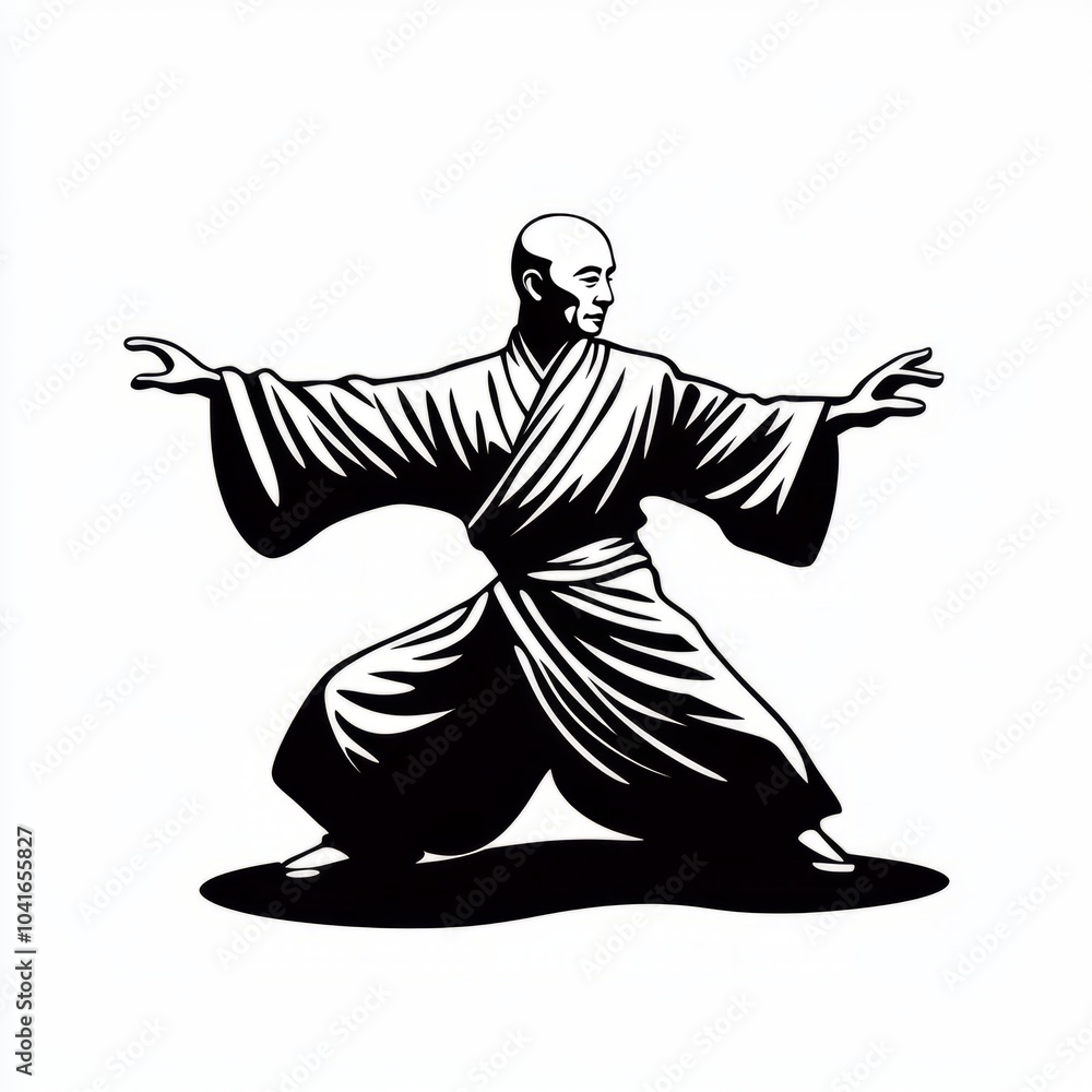 A man practices martial arts in a black and white illustration. A man practices martial arts in a black and white illustration.