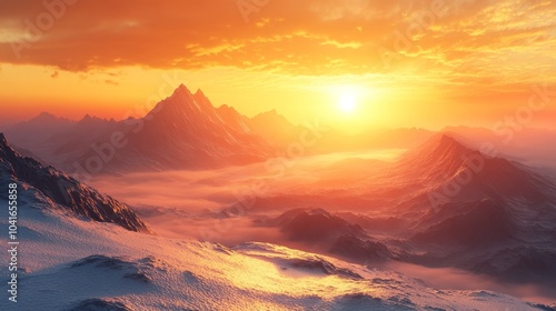 A mountain range with a sun setting in the background