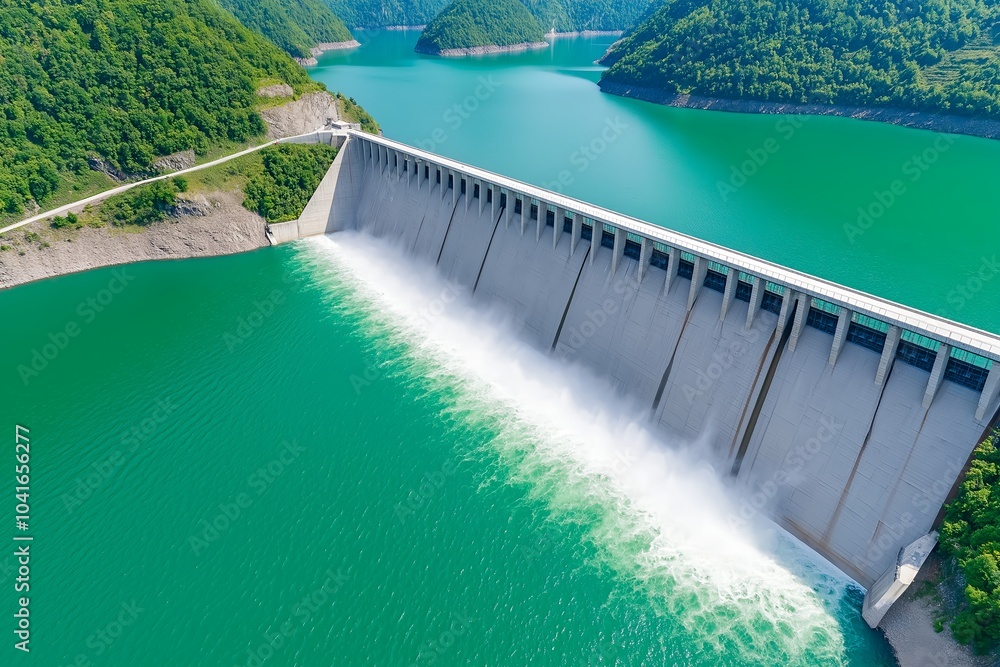 A Panoramic View of a Large-scale Hydroelectric Dam, Emphasizing the Power of Water as a Renewable Energy Source Amidst Lush Green Surroundings A Panoramic View of a Large-scale Hydroelectric Dam, Emphasizing the Power of Water as a Renewable Energy Source Amidst Lush Green Surroundings