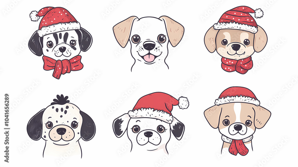 Set of cute and smiley baby dog doodles. Happy baby dog faces of dalmatian, pug, poodle, beagle with flat color, bows, hats, and scarves isolated on white. Sticker, comic, and print design. Set of cute and smiley baby dog doodles. Happy baby dog faces of dalmatian, pug, poodle, beagle with flat color, bows, hats, and scarves isolated on white. Sticker, comic, and print design.