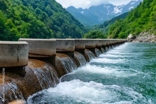 A Panoramic View of a Large-scale Hydroelectric Dam, Emphasizing the Power of Water as a Renewable Energy Source Amidst Lush Green Surroundings