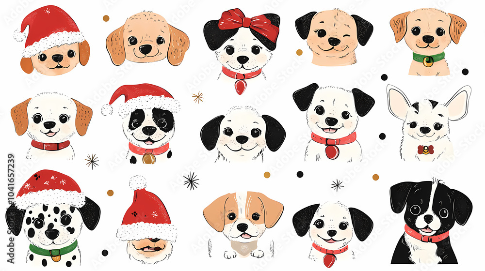 Set of cute and smiley baby dog doodles. Happy baby dog faces of dalmatian, pug, poodle, beagle with flat color, bows, hats, and scarves isolated on white. Sticker, comic, and print design. Set of cute and smiley baby dog doodles. Happy baby dog faces of dalmatian, pug, poodle, beagle with flat color, bows, hats, and scarves isolated on white. Sticker, comic, and print design.